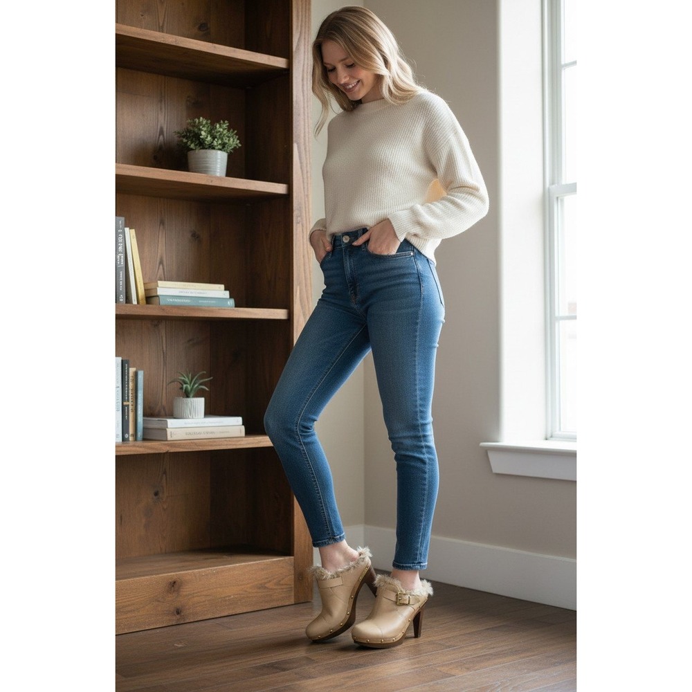 BCBGeneration Tan Leather Faux Fur Clog Booties Gold Stud Buckle Heels